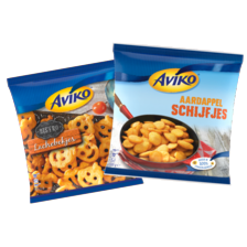 Aviko aardappelschijfjes, grip 'n dip, wavy blends, churros, lachebekjes of puree